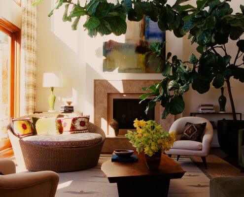 Los Angeles living room, round wicker love seat upholstered in patterned fabric, earth tones, green plant adds drama | interior design